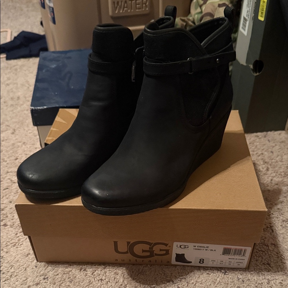 UGG Black Leather Wedge Ankle Boots